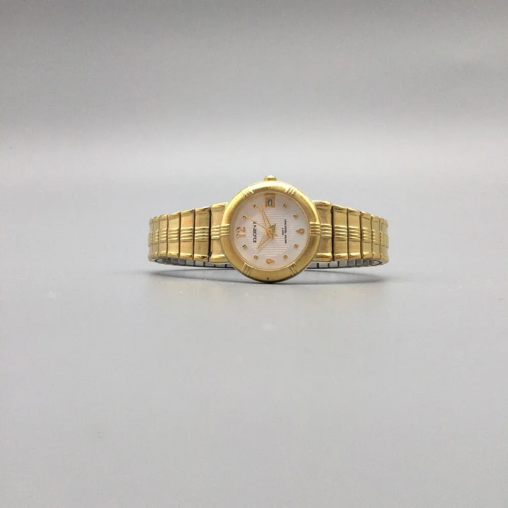 Elgin C1860 Womens Watch 25mm White Dial Gold Tone Expansion Date New Battery